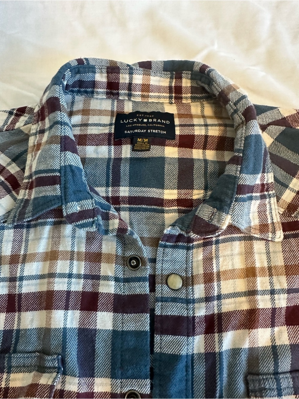Lucky Brand Men's Plaid Button-Down Shirt in Blue, Burgundy, and Tan